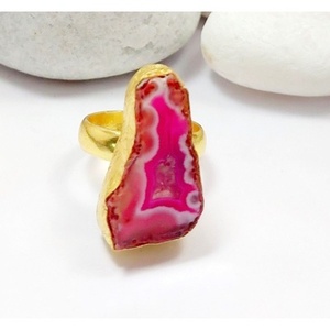 Vintage Casual Brass <b>Ring</b> with Gold Plated Agate Druzy Gemstone <b>Adjustable</b> Opening Trendy Bezel Setting for Gifts - Product Image 1