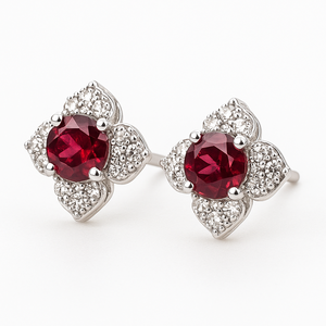 Red Garnet Floral CZ Halo Prong <b>Set</b> <b>Stud</b> <b>Earrings</b> Sterling <b>Silver</b> Rhodium Plated Women's Romantic Party Wedding Anniversary - Product Image 4