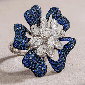 Luxury Blue Sapphire and Diamond Floral <b>Statement</b> <b>Ring</b> in White Gold - Product Image 2