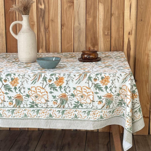 ผ้าปูโต๊ะลายดอกไม้พิมพ์ลายบล็อกสีเขียวและสีส้ม ขอบลายทาง ผ้าปูโต๊ะพิมพ์ลายบล็อกอินเดีย ลดราคาช่วงอีสเตอร์ - Product Image 1