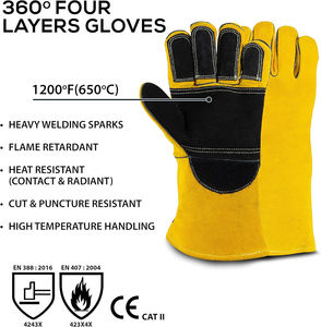 Guantes de soldadura de cuero dividido de vaca resistentes al calor, guantes de seguridad cosidos con hilo de Kevlar Industrial de alta resistencia, guantes de extinción de incendios - Product Image 3