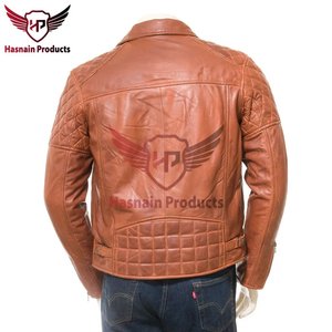 Blouson en cuir pour homme, couleur tan, style motard, matelassé losanges aux épaules, coupe ajustée, en cuir d'agneau véritable, vêtement d'extérieur décontracté pour moto - Product Image 5