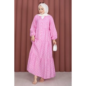 Robe simple et élégante en viscose à pois roses avec demi-boutons - Product Image 3