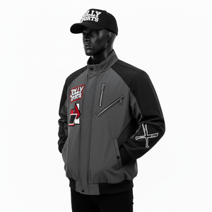 แจ็คเก็ตกันลมสีเทาโพลีเอสเตอร์พรีเมียมพร้อมแผงไหล่สีดำและกำหนดโลโก้ได้เอง - Product Image 3