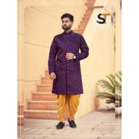 Ensemble Kurta Dhoti pour homme de style Manyavar en tissu jacquard Kurta et Dhoti en velours pour les mariages et les occasions festives