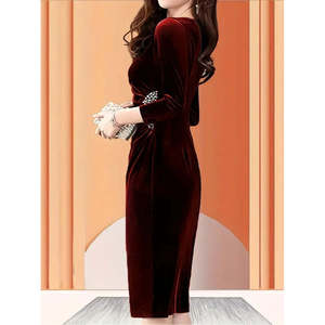 Women's Long Sleeve Boat Neck Midi <b>Velvet</b> <b>Dress</b> with Side Stone Detail, 37548 - <b>Burgundy</b> - Product Image 5