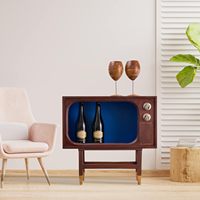 Meuble à liqueur TV vintage Vitrine Bar à vin des années 70 Rangement Porte-lunettes bleu et en bois Table de bar à café en bois de ferme