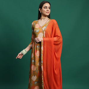 Vestido Kurti Elegante para Mujer, Estilo Étnico Indio, Largo hasta la Rodilla, Cuello en V, Manga Larga, Tela CREAP, para Verano, Diseño Liso, con Detalles a Máquina - Product Image 1