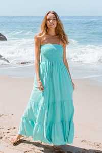 ชุดแม็กซี่เดรสยาวเปิดไหล่สำหรับผู้หญิงชุดเดรสเกาะอกสีฟ้าชุดเดรสยาวคลุม100% ผ้าเรยอนชายหาดชุดเดรสยาวคลุมพื้น - Product Image 5