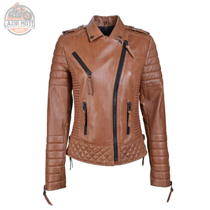 Veste de moto pour femme en cuir véritable, couleur unie, style zippé, grandes tailles, prix raisonnables, vestes de moto tendance - Product Image 1