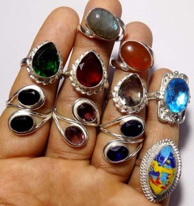 Anillo de gemas de varios colores naturales de plata de ley hecho a mano 8X12mm conjunto de bisel de forma mixta para conjunto de joyería de moda para regalo de aniversario - Product Image 1