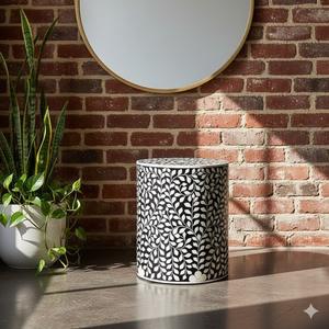 Mesa de Centro Redonda Moderna con Incrustaciones de Hueso Negro, Fabricada a Mano con MDF de Pino Premium, Mesa Decorativa para Sala de Estar - Product Image 1