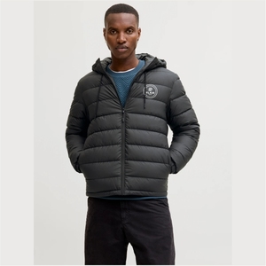 Veste matelassée en denim de haute qualité pour homme, style vintage, col à capuche, logo brodé sur le devant, motif uni, fermeture éclair d'hiver - Product Image 4