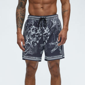 <b>Mens</b> Ocean Themed <b>Black</b> Swim <b>Shorts</b> with Starfish and Coral Print Adjustable Drawstring Waist Quick Dry Fabric Beachwear - Product Image 1
