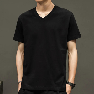 T-shirt à col en V pour homme en coton de haute qualité 2025, hauts de loisirs à manches courtes élastiques en blanc et gris, chemises de base - Product Image 3