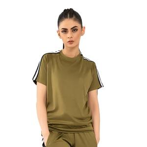 Ensemble de survêtement pour femmes en coton 100% de haute qualité, couleur vert olive, avec des bandes latérales, t-shirt et pantalon, vente en gros - Product Image 2