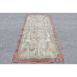 Alfombra turca de área grande Vintage 3,7X7,3 pies Estilo Kilim rojo beige con patrón abstracto Material de lana 10mm de espesor Respaldo de látex - Product Image 1