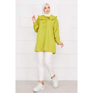 Tunique vert huile pour femme nœud détail brodé Logo Floral solide motif longue longueur soie tricoté XL mignon haut court pour l'été - Product Image 4