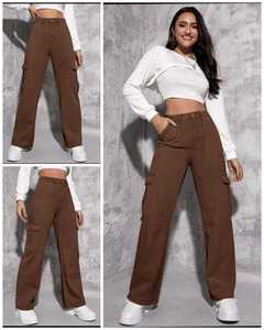 Venta al por mayor de pantalones vaqueros rectos de pierna ancha informales de cintura alta para mujer en Europa, pantalones cargo con bolsillos, ropa informal lavada, pantalones vaqueros marrones oscuros personalizados - Product Image 5