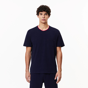 <span class=keywords><strong>T</strong></span>-<span class=keywords><strong>shirt</strong></span> à manches courtes <span class=keywords><strong>bleu</strong></span> <span class=keywords><strong>marine</strong></span> pour homme avec bordure contrastée, <span class=keywords><strong>col</strong></span> rond, coupe classique, couleur unie, 100% coton jersey tricoté - Product Image 1