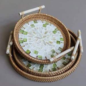 Plateau de rangement en rotin tissé à la main avec forme ronde panier en osier pain assiette alimentaire plateau à gâteau aux fruits dîner plateau de service - Product Image 3