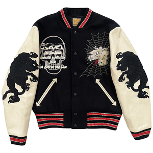 Chaqueta Universitaria Personalizada para Hombre, Diseño de Calavera y Pantera Bordada, Piel de Oveja Genuina, Cuello Alto, Estilo Urbano, Chaqueta Bomber de Verano - Product Image 1