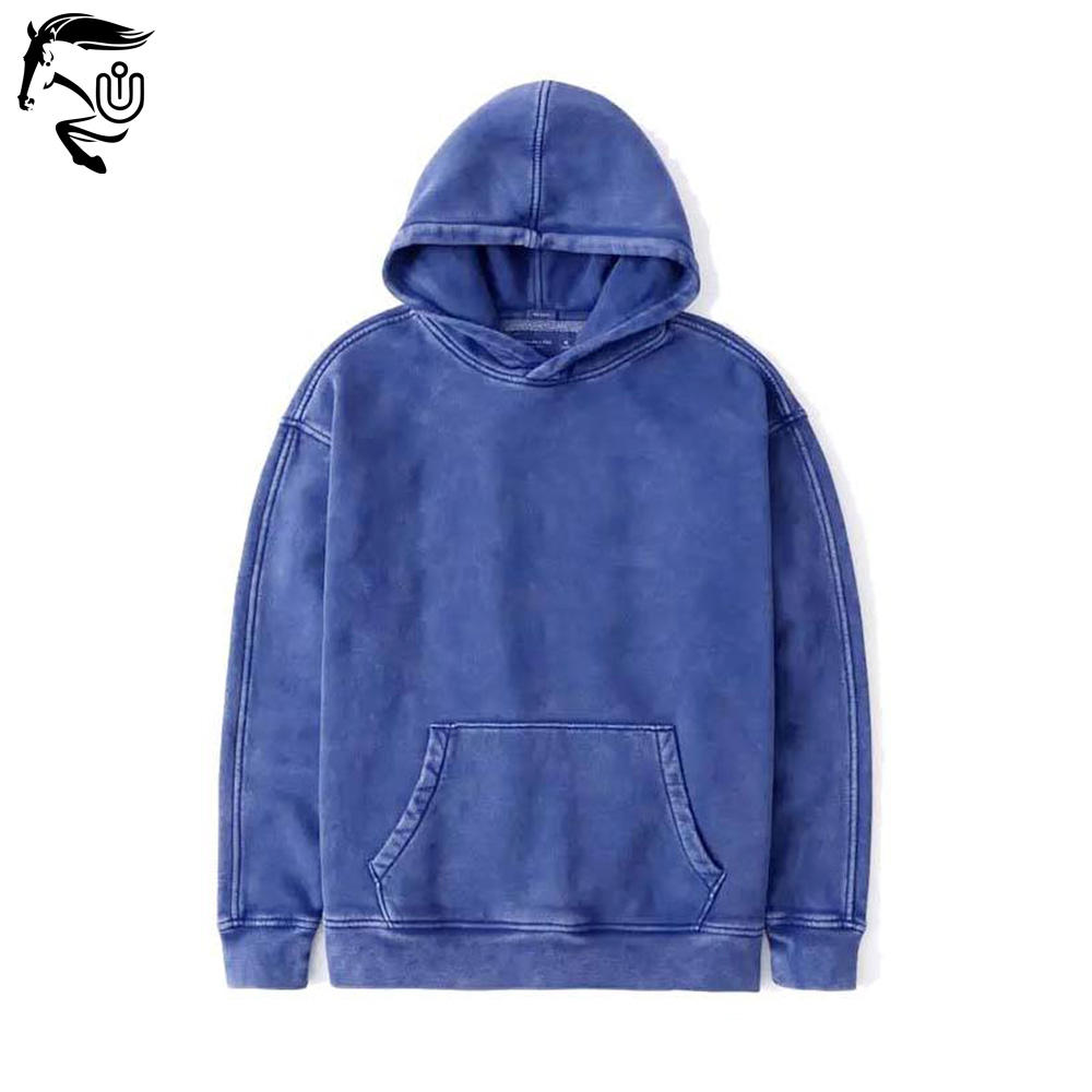 100% Cotton Latest Design Blue Best Material Acid Wash Hoodies for