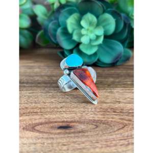 Greg Perry Handmade <b>Statement</b> <b>Ring</b> Spiny Oyster & Turquoise Bezel Setting on Sterling <b>Silver</b> Size 10 Everyday Wear - Product Image 2