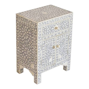 เก้าอี้อินเลย์แบบทำมือของชาวอินเดียเก้าอี้ในห้องนั่งเล่นเฟอร์นิเจอร์ฝังกระดูก nightstand หนึ่งลิ้นชักตู้เก็บของสีเทาขาว - Product Image 2
