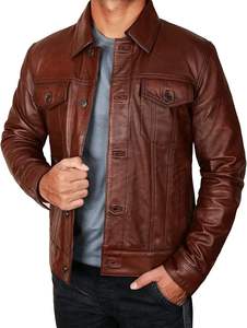 Chaqueta de moto auténtica de piel de oveja marrón para hombre, cuello vuelto, cierre de invierno de un solo pecho, procesamiento en relieve, suministro ODM - Product Image 2
