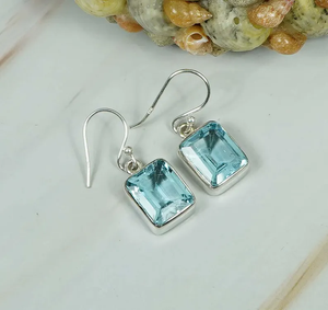 925 Sterling <b>Silver</b> <b>Dangle</b> <b>Earrings</b> Blue Topaz Gemstone Handmade Square Shape November Birthstone Jewelry Christmas Gift - Product Image 3