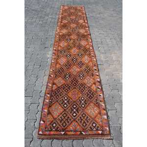 Tapis de 2,7 x 13,4 pieds, tapis turc vintage, tapis abstrait brun Herki - Product Image 1