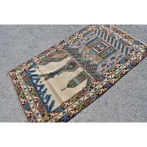 Tapis turc vintage bleu vert classique 3,6 x 6,2 pieds, fait main, écologique, à poils moyens, design patchwork, en laine, bambou et soie - Product Image 4