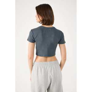 T-shirt court pour femme 100% coton côtelé avec broderie en pierres, col rond, coupe classique - Product Image 6