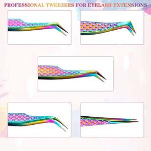 Ensemble de 5 pinces à extensions de cils en gros, pinces à extensions de cils en titane arc-en-ciel, pointes droites, courbes et pointues - Product Image 4