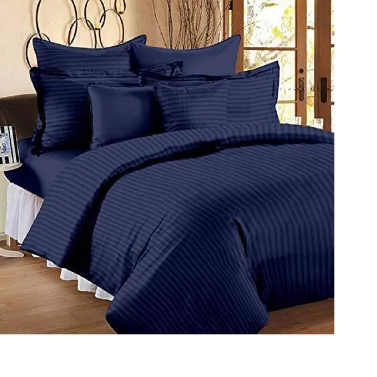 Sprei Katun Satin Stripe Polos Buatan Khusus Berukuran 100X108 Inci dengan Jahitan Zig Zag Warna Biru Mewah