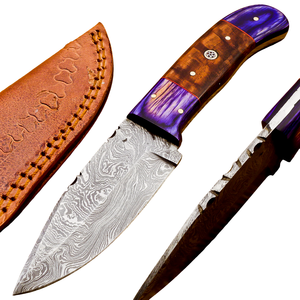 Couteau de skinner en acier Damas personnalisable OEM avec gaine en cuir et manche en bois de rose Pakka motif torsadé-Vente en gros - Product Image 1