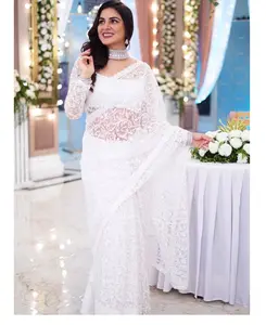 Вечерняя одежда, дизайнерская шелковая индийская Женская одежда с вышивкой, белая сари с блузкой