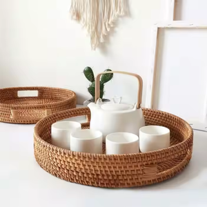 Plateau en rotin naturel écologique fait à la main avec un design floral classique décor de rangement à la maison panier en osier pour servir des fruits comme artisanat - Product Image 3