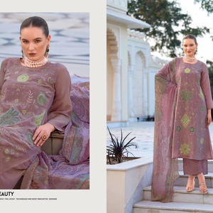 Salwar Kameez Pakistaní Bordado de 3 Piezas para Mujer, en Viscosa, Pantalón Acampanado, Dupatta de Organza, Secado Rápido, Casual, Largo hasta la Rodilla - Product Image 1
