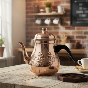 Service à thé vintage de luxe en cuivre et turquoise, avec poignée en métal, en verre, céramique et plastique, et cafetière turque luxueuse en forme de poire - Product Image 1