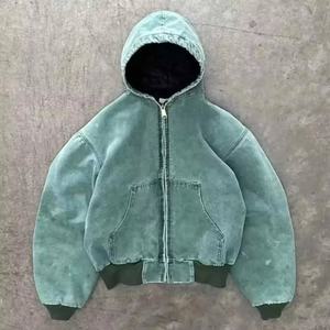 Ventes en gros de sweat-shirts à capuche en denim vierge à fermeture éclair, surdimensionnés, 500 g/m², avec strass, lavage à l'acide, en molleton French Terry - Product Image 2