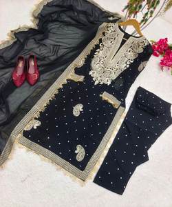 Costume de pelouse trois pièces en mousseline de soie pakistanaise pour femmes musulmanes Eid Wedding Party Wear Breathable - Product Image 4