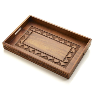Plateau de service en bois d'acacia de haute qualité avec poignées plateaux de service décoratifs en bois pour le petit déjeuner - Product Image 4