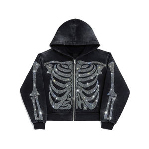 เสื้อฮู้ดดี้สไตล์สตรีทแวร์ ลายสกรีน ประดับคริสตัล ลุคซันเฟด ขอบดิบ ทรงโอเวอร์ไซส์ สำหรับผู้ชาย ฤดูใบไม้ร่วง ผ้าฝ้าย 100% สไตล์วินเทจ ล้างสีแบบแอซิด - Product Image 2