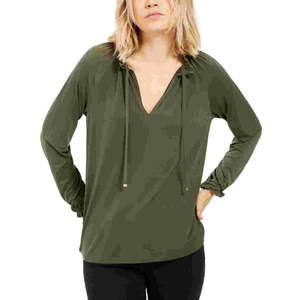 Top Casual da Donna Michael Kors con Scollo a V Verde Taglia L, Maniche Lunghe Arricciate, Traspirante in Maglia di Chiffon con Ricamo - Product Image 1