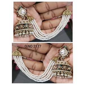 Boucles d'oreilles pendantes Polki Mehandi Bahubali en perles plaquées or avec motif floral pour les occasions de mariage des femmes SKU 2177 A-5 - Product Image 2
