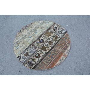 Alfombra de lana turca vintage de 4x4 pies, estilo de retales clásico beige y marrón con respaldo de látex para sala de estar o dormitorio de adolescentes - Product Image 2