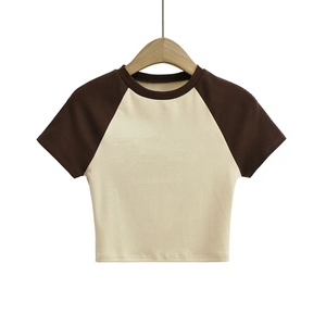 Logo imprimé personnalisé femmes haut court T-Shirt col rond respirant anti-rides teint uni motif cachemire - Product Image 1