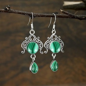 Pendientes de piedras preciosas de malaquita, pendientes de forma redonda de Plata de Ley 925 sólida para mujeres y niñas, Pendientes colgantes, joyería de plata - Product Image 2